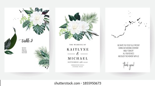 White gardenia, hibiscus, green monstera, palm tropical leaves vector design cards. Emerald exotic greenery, black marbled pattern frames. Island wedding invitation. Elements are isolated and editable