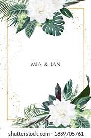 White Gardenia, Hibiscus, Green Monstera, Palm Tropical Leaves Template Vertical Card. Emerald Exotic Greenery, Gold Glitter Pattern Frame. Island Wedding Invitation.Elements Are Isolated And Editable