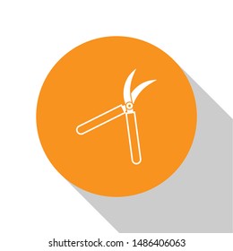 White Gardening handmade scissors for trimming icon isolated on white background. Pruning shears with wooden handles. Orange circle button. Vector Illustration