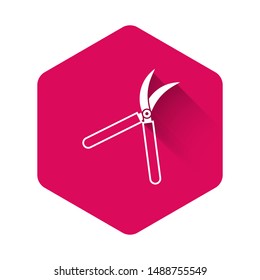 White Gardening handmade scissors for trimming icon isolated with long shadow. Pruning shears with wooden handles. Pink hexagon button. Vector Illustration