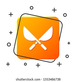 White Gardening handmade scissors for trimming icon isolated on white background. Pruning shears with wooden handles. Orange square button. Vector Illustration