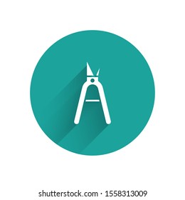 White Gardening handmade scissors for trimming icon isolated with long shadow. Pruning shears with wooden handles. Green circle button. Vector Illustration