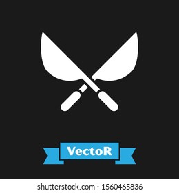 White Gardening handmade scissors for trimming icon isolated on black background. Pruning shears with wooden handles.  Vector Illustration