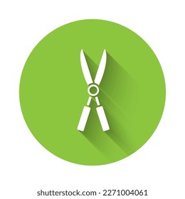 White Gardening handmade scissors for trimming icon isolated with long shadow. Pruning shears with wooden handles. Green circle button. Vector Illustration