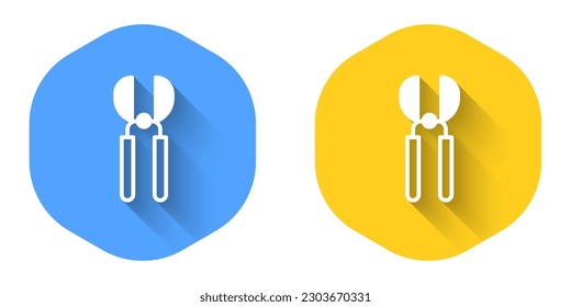 White Gardening handmade scissors for trimming icon isolated with long shadow background. Pruning shears with wooden handles. Circle button. Vector