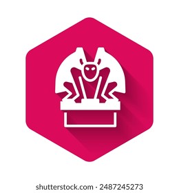 White Gargoyle on pedestal icon isolated with long shadow. Pink hexagon button. Vector