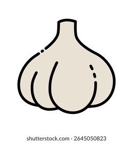 Weißes Knoblauchzwiebelgemüse. Flache Vektorgrafik mit schwarzem Rand. Gesundes Lebensmittel- und Gemüsekonzept für Design und Druck
