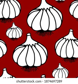 White garlic heads on a maroon background. Vector seamless pattern. Design for wrapping, textile, print, paper.