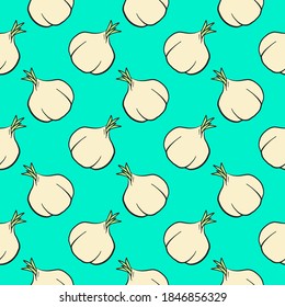 White garlic, seamless pattern on blue background.