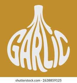 a white garlic shaped text graphic on a yellow background. the word garlic is written in a bold font. simple design, food related graphic.