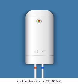 White gas boiler electric water heater with controller and indicator of the heating water on blue background. Vector illustration