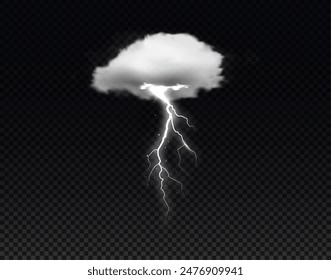 White gas cloud with bright lightning strike vector illustration. This mystical mist and lightning are perfect for games. Abstract isolated design on black background.