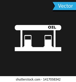White Gas filling station icon isolated on black background. Transport related service building Gasoline and oil station.  Vector Illustration