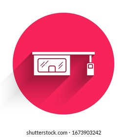 White Gas filling station icon isolated with long shadow. Transport related service building Gasoline and oil station. Red circle button. Vector Illustration
