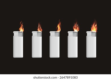 White gas lighters with flame on dark background for fire or heat concept.