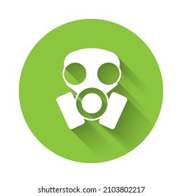 White Gas mask icon isolated with long shadow background. Respirator sign. Green circle button. Vector