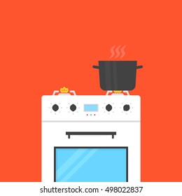 white gas stove with boiling water in pan. concept of preparing, seethe, electric equipment, cookery, recipe, kitchen appliances, plate. flat style trend modern graphic design on red background