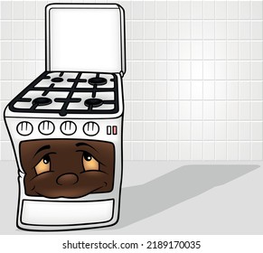 White Gas Stove With A Face On A Dark Glass Oven - Colored Cartoon Illustration With Background, Vector