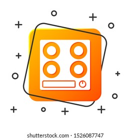 White Gas stove icon isolated on white background. Cooktop sign. Hob with four circle burners. Orange square button. Vector Illustration