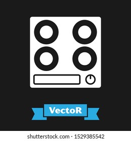 White Gas stove icon isolated on black background. Cooktop sign. Hob with four circle burners.  Vector Illustration