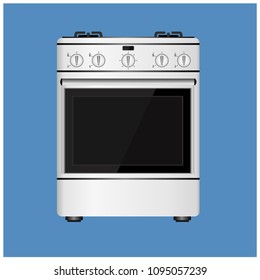 White gas stove with oven, front view. Vector illustration.