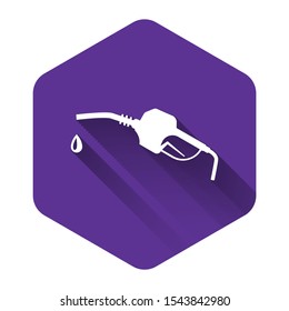 White Gasoline pump nozzle icon isolated with long shadow. Fuel pump petrol station. Refuel service sign. Gas station icon. Purple hexagon button. Vector Illustration