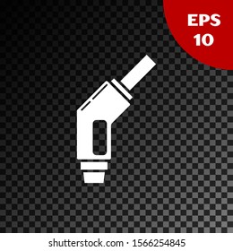 White Gasoline pump nozzle icon isolated on transparent dark background. Fuel pump petrol station. Refuel service sign. Gas station icon.  Vector Illustration