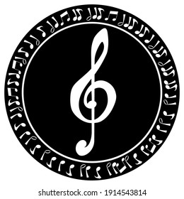 G-clef blanco en círculo negro y redondo negro con notas musicales aisladas en fondo blanco, ilustración de diseño de iconos vectoriales.