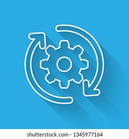 White Gear and arrows as workflow concept icon isolated with long shadow. Gear reload sign. Vector Illustration