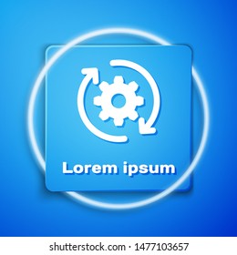 White Gear and arrows as workflow concept icon isolated on blue background. Gear reload sign. Blue square button. Vector Illustration