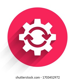 White Gear and arrows as workflow concept icon isolated with long shadow. Gear reload sign. Red circle button. Vector Illustration