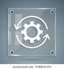 White Gear and arrows as workflow concept icon isolated on grey background. Gear reload sign. Square glass panels. Vector Illustration