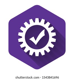White Gear with check mark icon isolated with long shadow. Cogwheel simple icon. Approved service sign. Transmission Rotation Mechanism symbol. Purple hexagon button. Vector Illustration