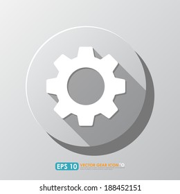 White gear or cog icon with shadow in circle - mobile & web icon