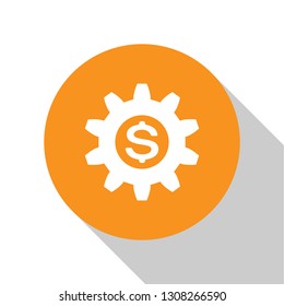 White Gear with dollar symbol icon isolated on white background. Business and finance conceptual icon. Orange circle button. Flat design. Vector Illustration