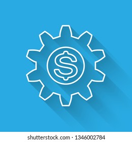 White Gear with dollar symbol icon isolated with long shadow. Business and finance conceptual icon. Vector Illustration