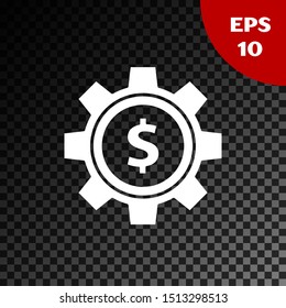 White Gear with dollar symbol icon isolated on transparent dark background. Business and finance conceptual icon.  Vector Illustration