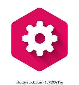 White Gear icon isolated with long shadow. Cogwheel gear settings sign. Cog symbol. Pink hexagon button. Vector Illustration