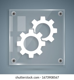 White Gear icon isolated on grey background. Cogwheel gear settings sign. Cog symbol. Square glass panels. Vector Illustration