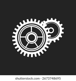 White gear icon set on black background symbolizing mechanics and precision. Ideal for technology, engineering, or automation concepts. Perfect for apps, logos, and infographics.