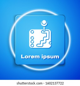 White Gear shifter icon isolated on blue background. Transmission icon. Blue square button. Vector Illustration