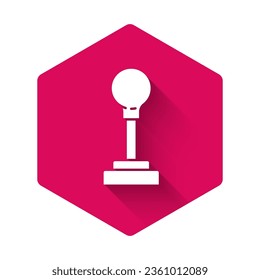 White Gear shifter icon isolated with long shadow. Manual transmission icon. Pink hexagon button. Vector