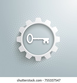 White gear wheel with classic key on the gray background. Eps 10 vector file.