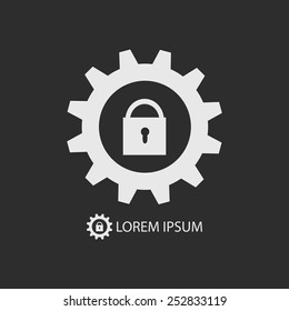 White gear wheel with lock  as logo on dark grey background