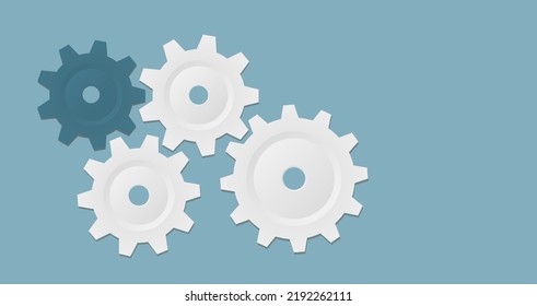 White gears and cogs on blue, cooperation concept technology background with copy space, 3D vector illustration