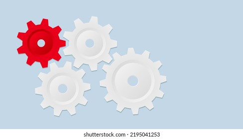 Engranajes y engranajes blancos en azul, fondo de tecnología de concepto de cooperación con espacio de copia, ilustración vectorial 3D