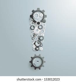 White gears as a exclamation  mark the grey background. Eps 10 vector file.