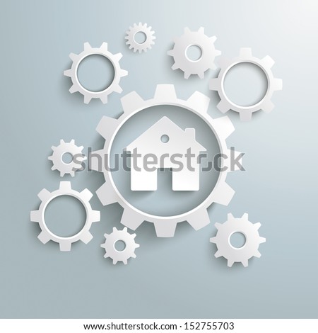 White gears with white house on the grey background. Eps 10 vector file.