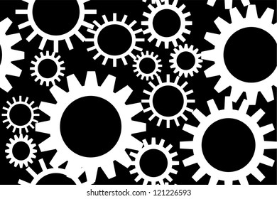 White gears on black background
