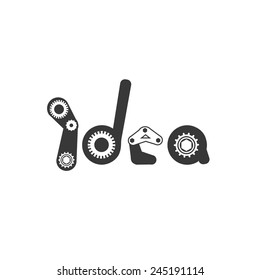 white gears on dark gray text that write " idea ".